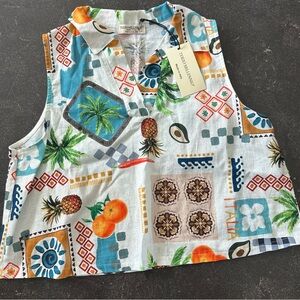 Terzo Millennio Tropical Print Sleeveless Crop Top - White/Blue/Orange Linen